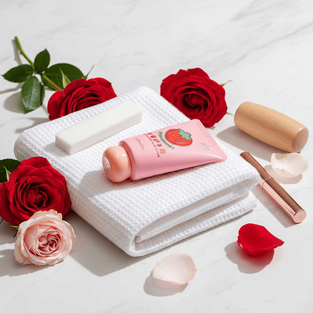 Fruit Fragrance Milky Hand Cream with roses and beauty tools on a white towel.