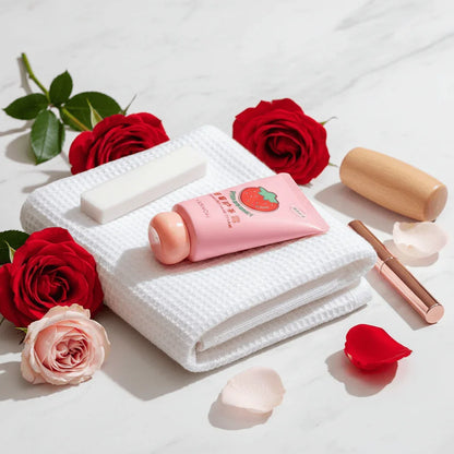 Fruit Fragrance Milky Hand Cream with roses and beauty tools on a white towel.
