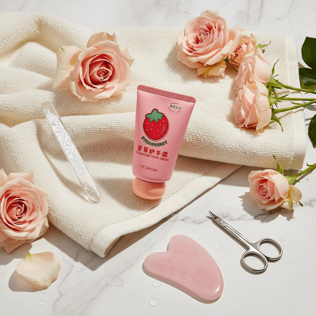 Fruit Fragrance Milky Hand Cream surrounded by roses and beauty tools on a soft towel.