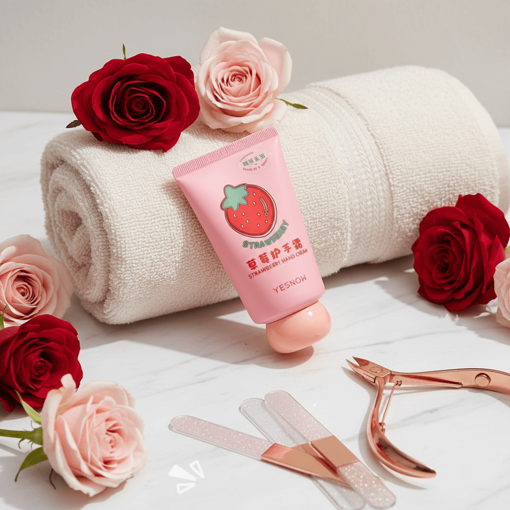 Fruit Fragrance Milky Hand Cream tube beside rolled towel and roses on marble surface.