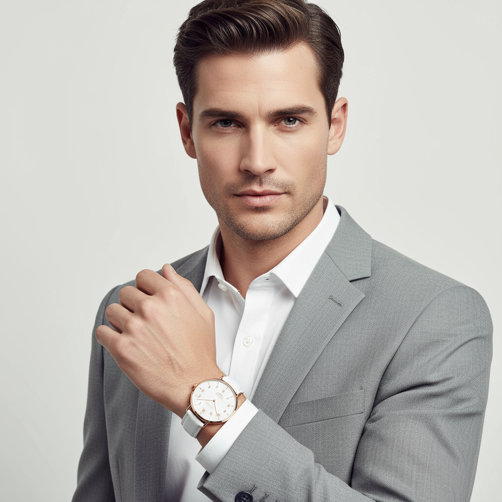Striking handsome face with watch