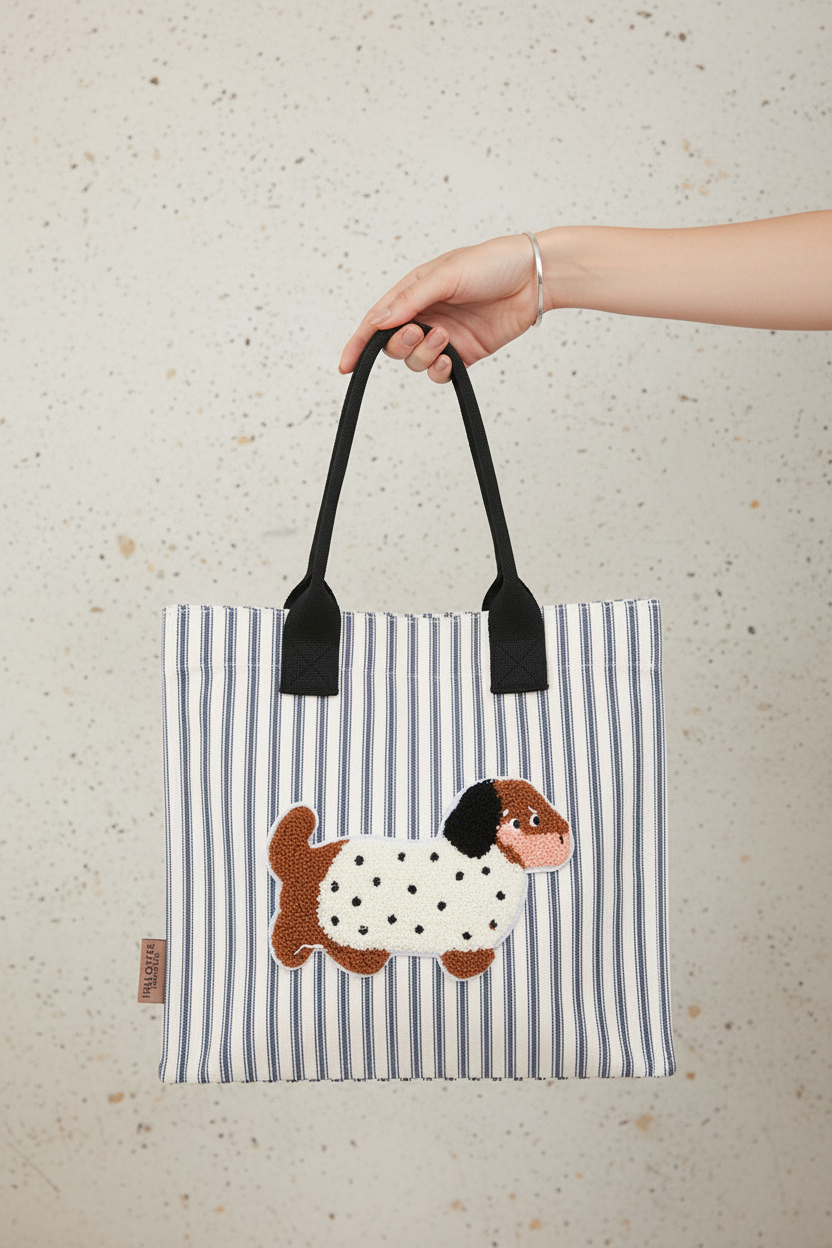 Striped Dog Bag in Hand - Concrete Background