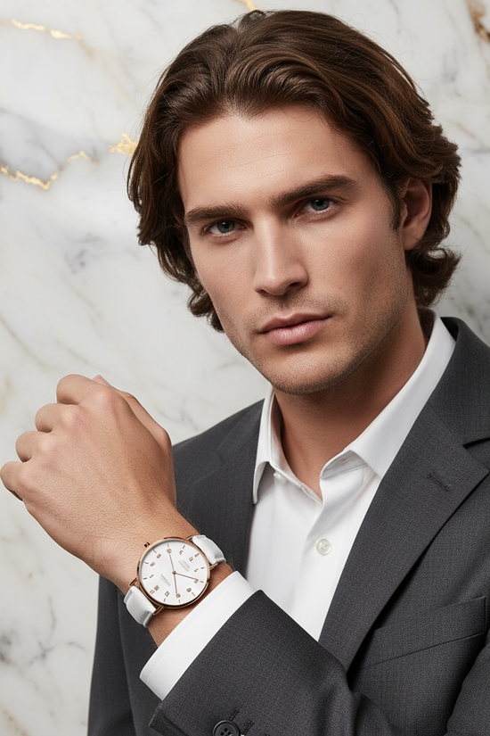 Strong features with brown hair