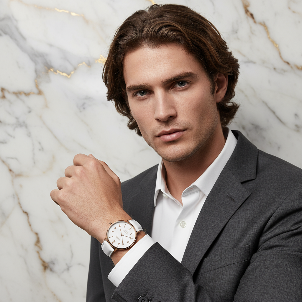 Strong features with brown hair