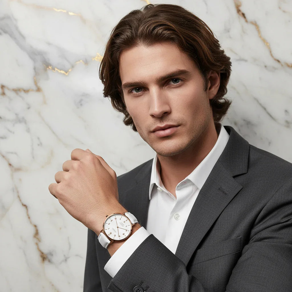 Strong features with brown hair