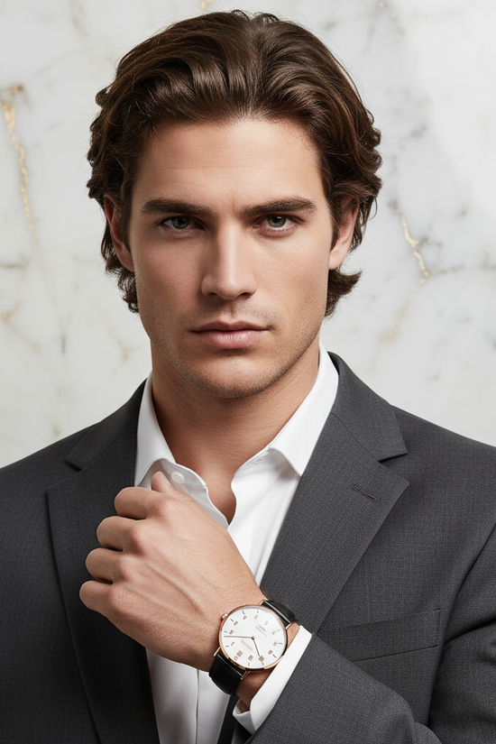 Strong features with brown hair