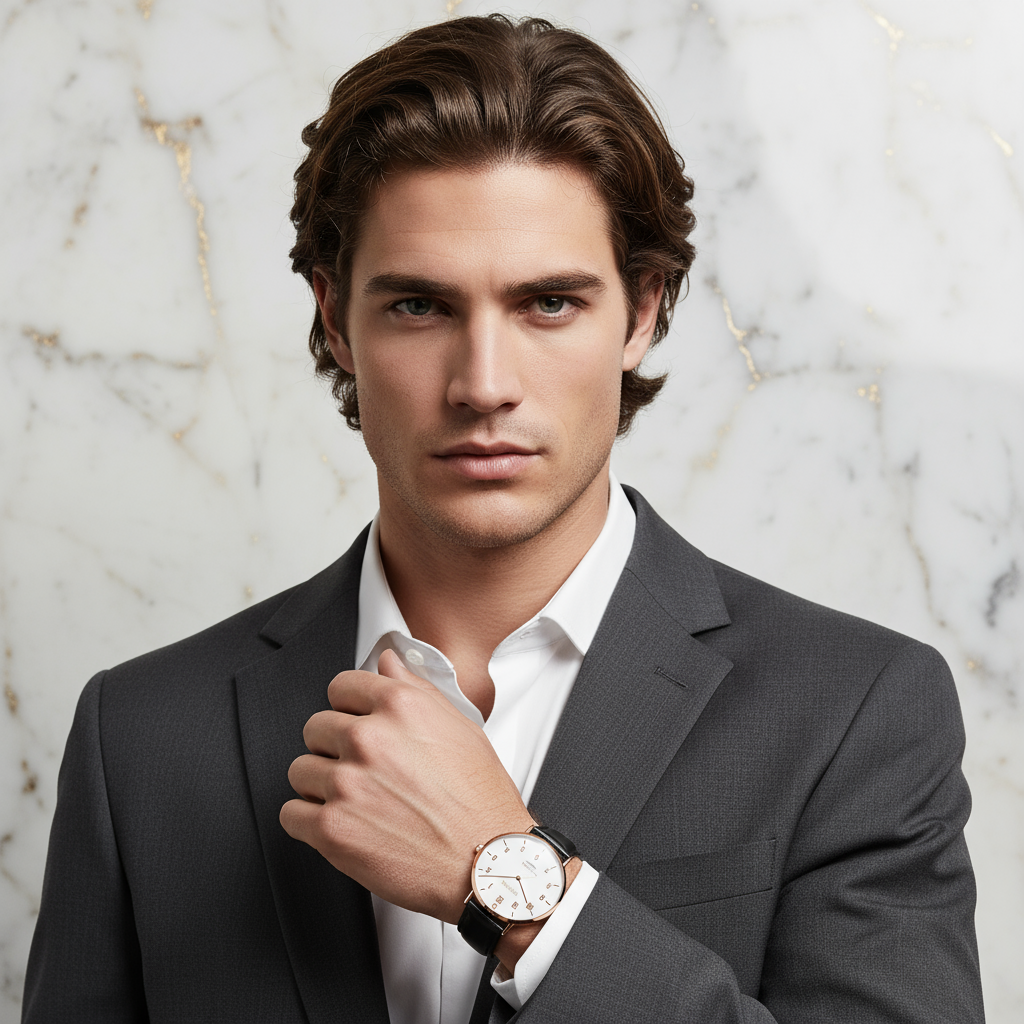 Strong features with brown hair