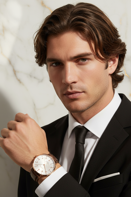 Strong features with brown hair