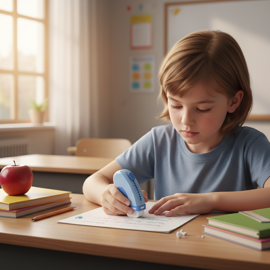 Student using blue eraser at classroom desk