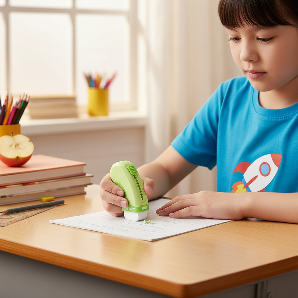 Student using green eraser at classroom desk