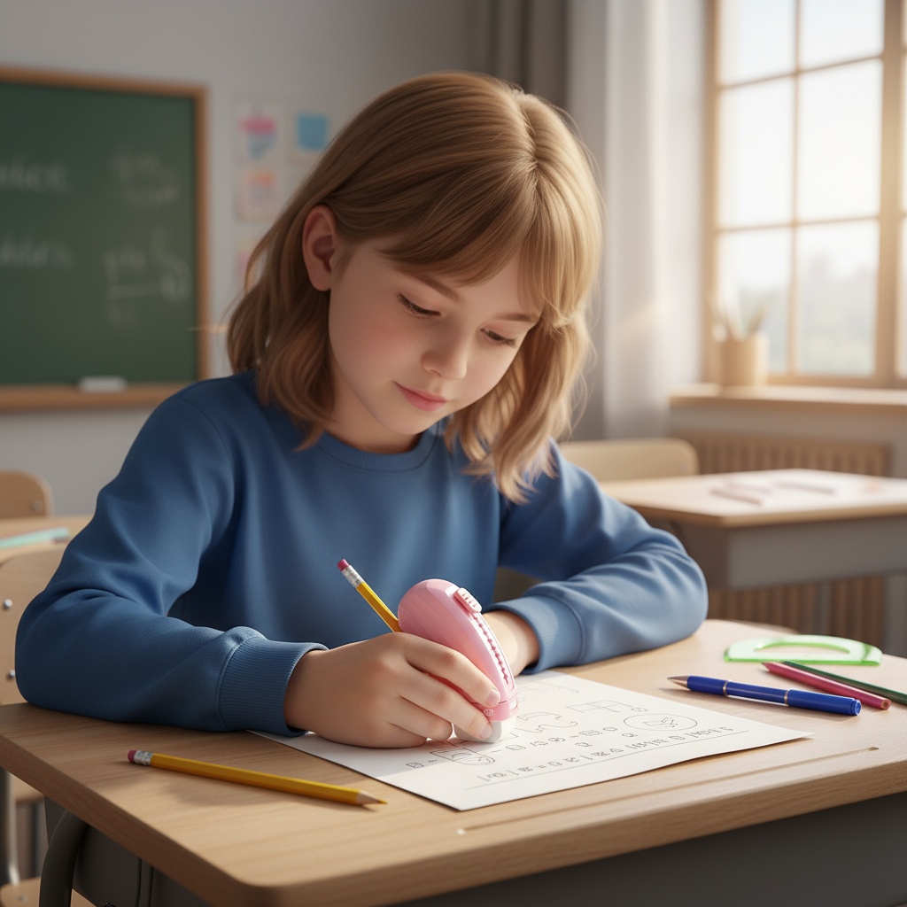Student using pink eraser at classroom desk