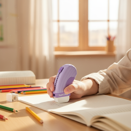 Student using purple eraser at classroom desk