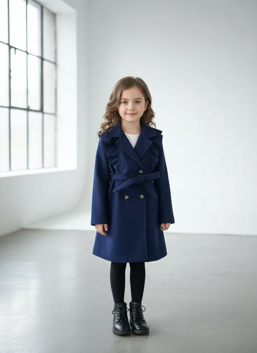 Studio photo of girl in navy coat