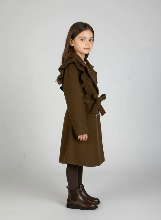 Chic Lined Chocolate Jacket with Ruffles and Belt