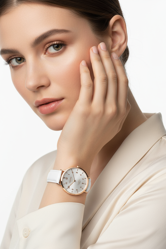 Studio portrait with hand near face