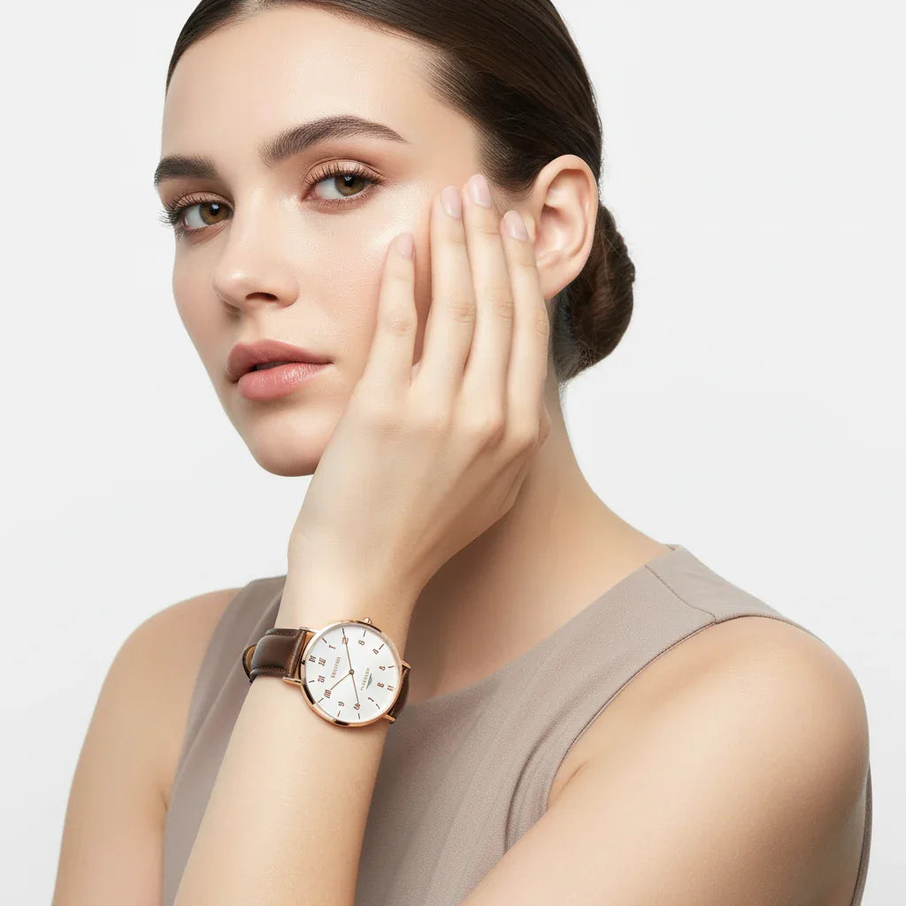 Studio portrait with hand near face