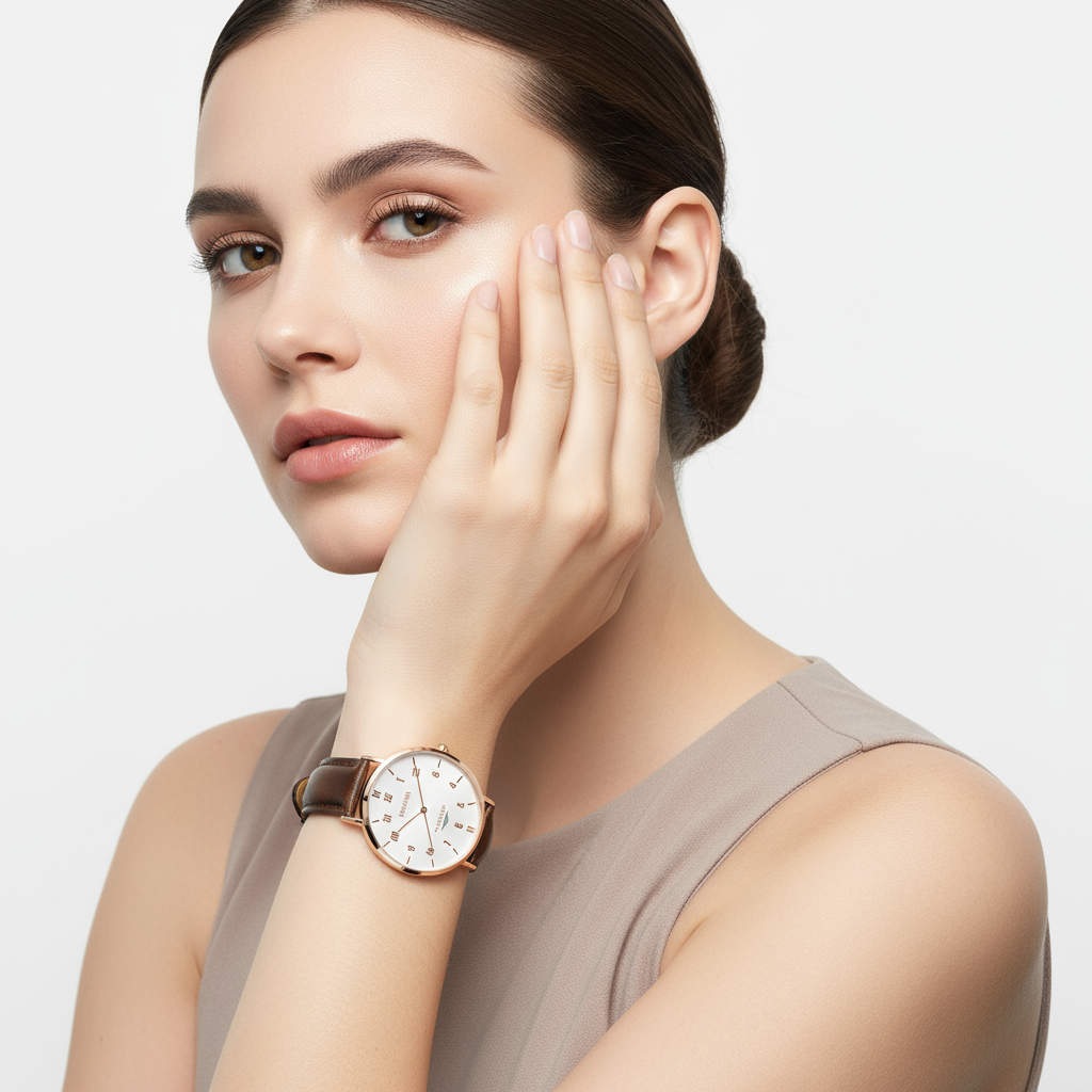 Studio portrait with hand near face