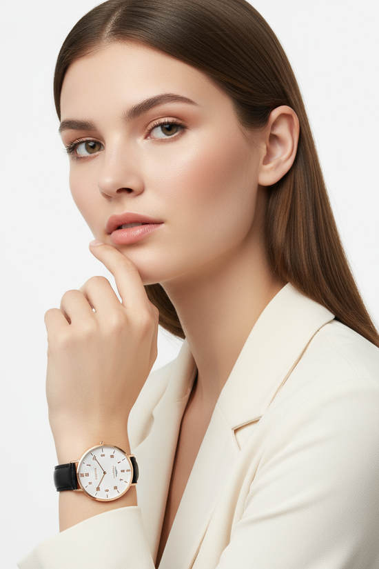 Studio portrait with hand near face