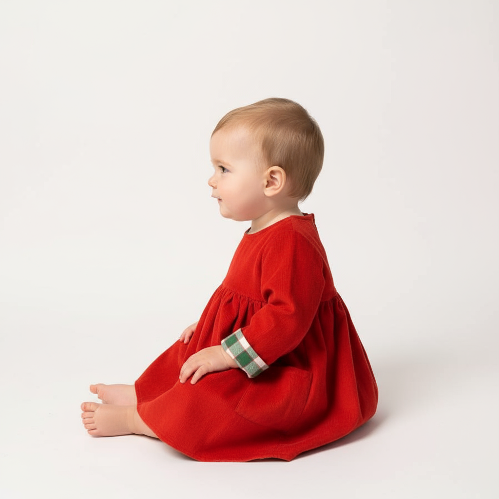 Studio side profile of baby in red dress