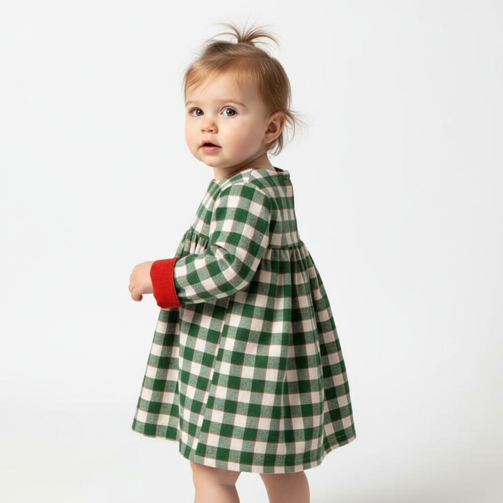 Studio three-quarter back view of baby in plaid dress