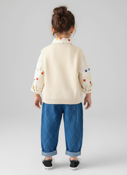 Shirt Sweater Cardigan Kids Beige Color Three-Piece Set
