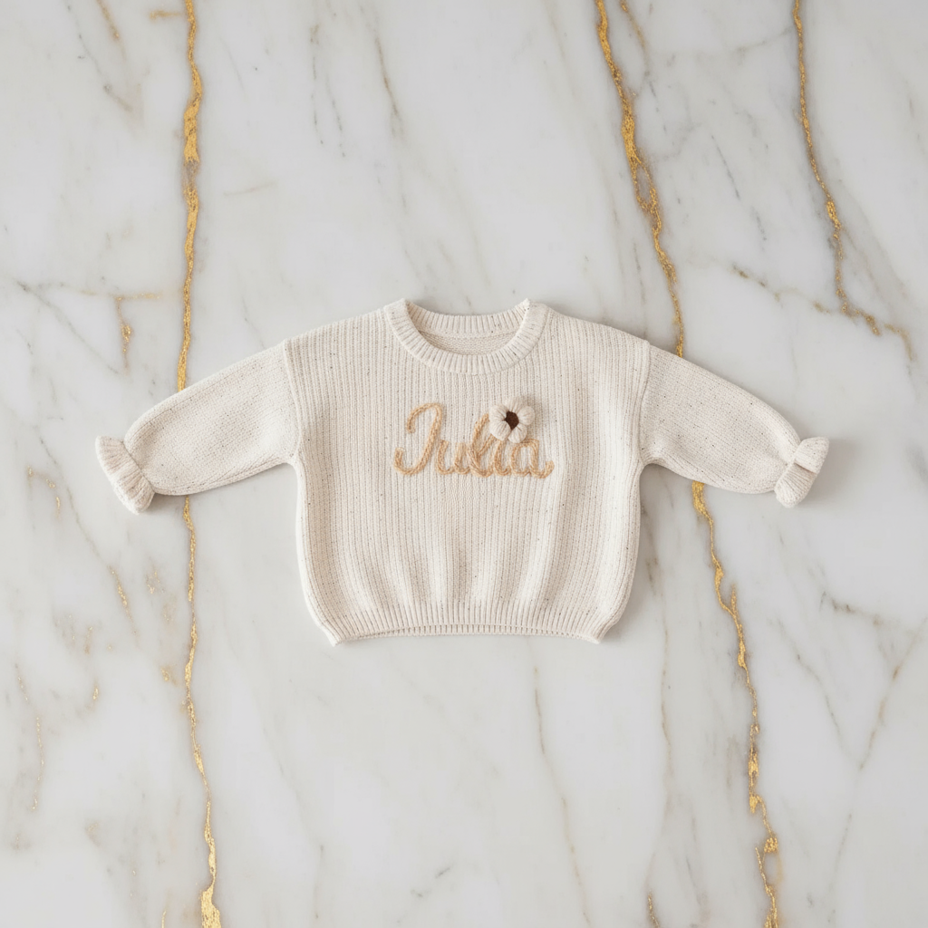 Sweater laid flat on marble