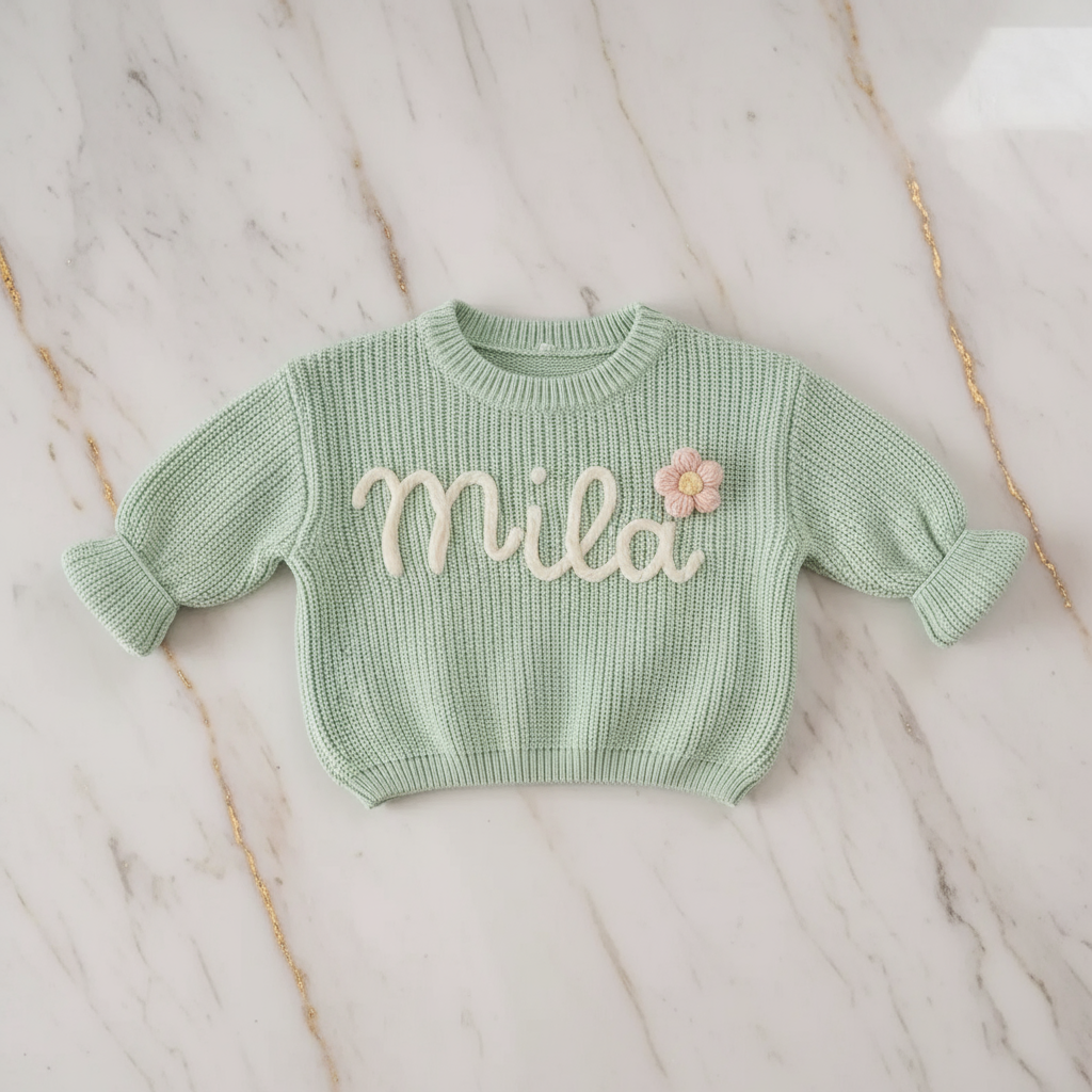 Sweater laid flat on marble