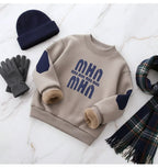 Sweater with beanie, gloves, and plaid scarf