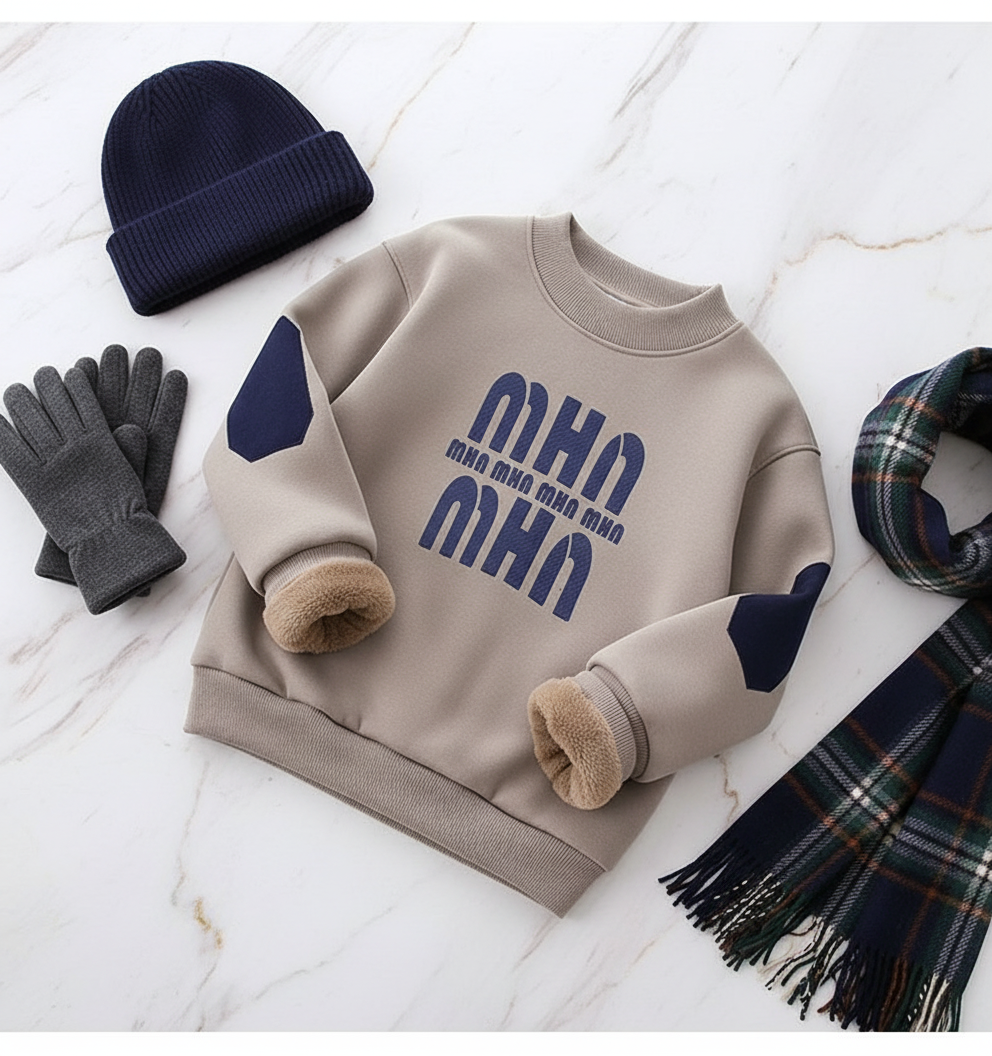Sweater with beanie, gloves, and plaid scarf