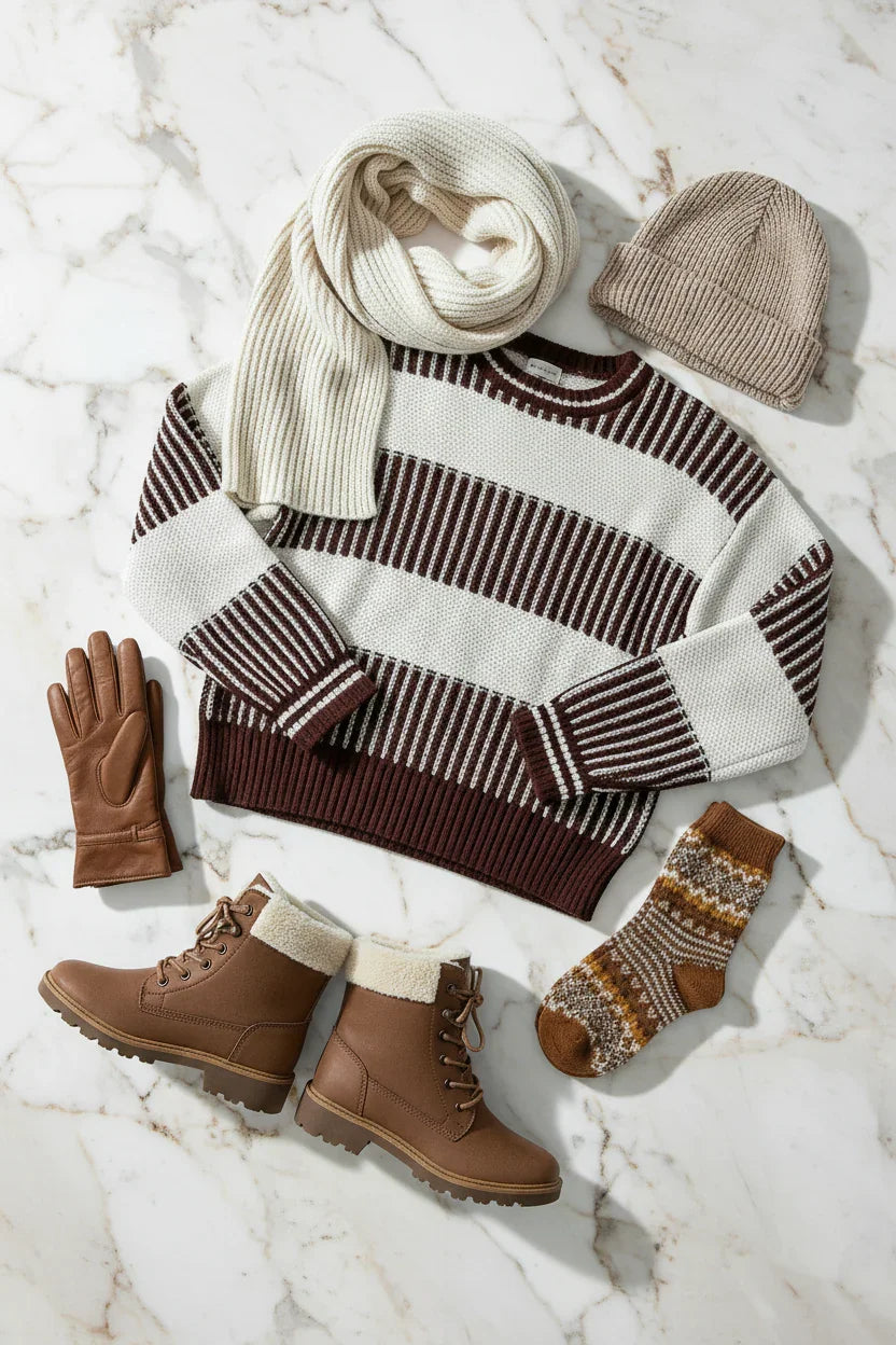 Sweater with winter accessories flat lay
