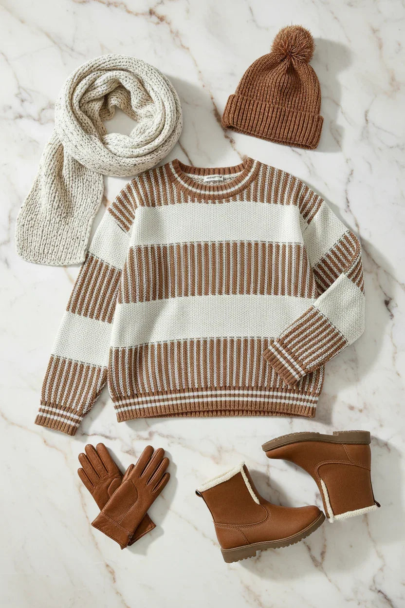 Sweater with winter accessories flat lay