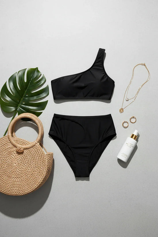 Swimsuit flat lay with beach bag and accessories
