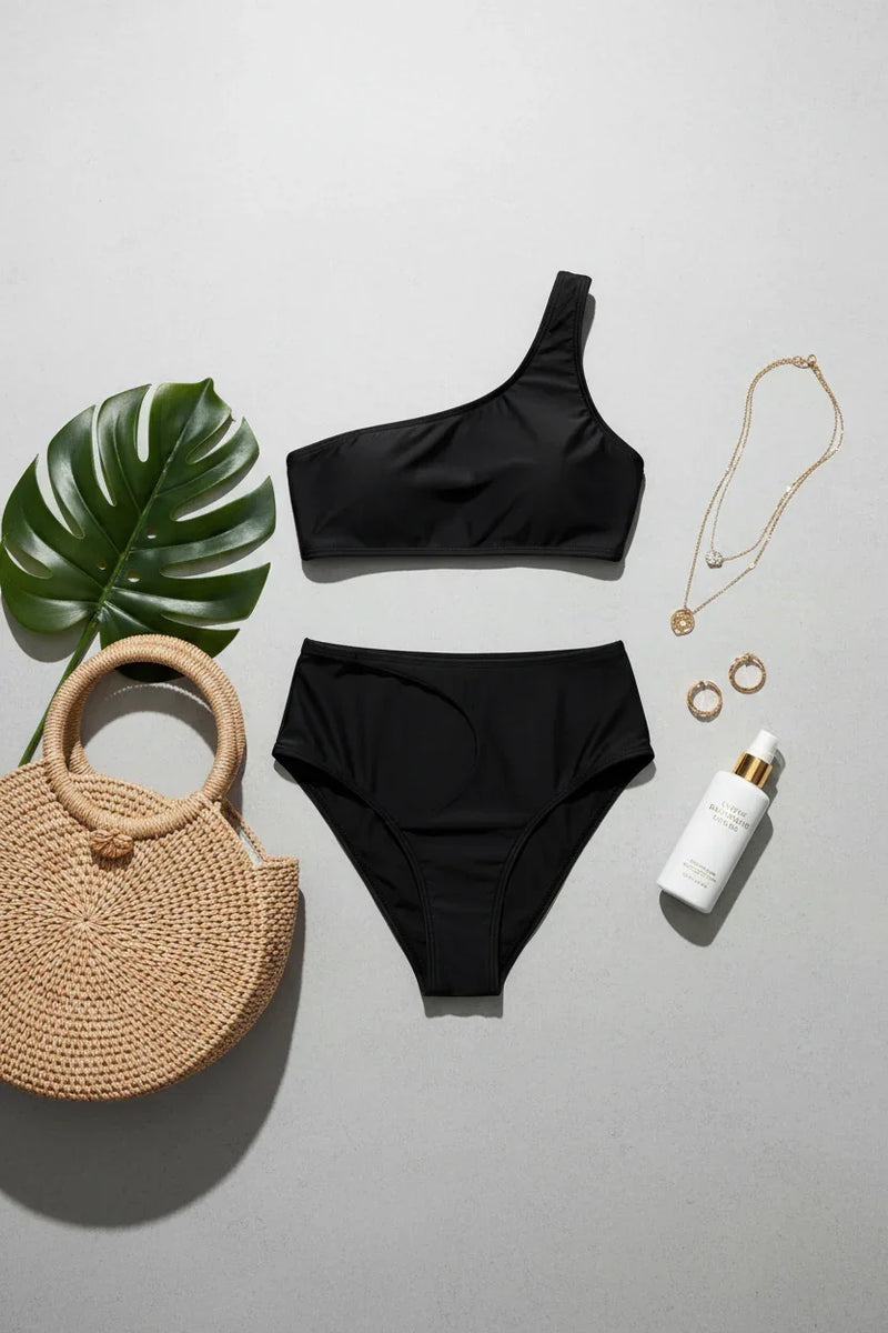 Swimsuit flat lay with beach bag and accessories