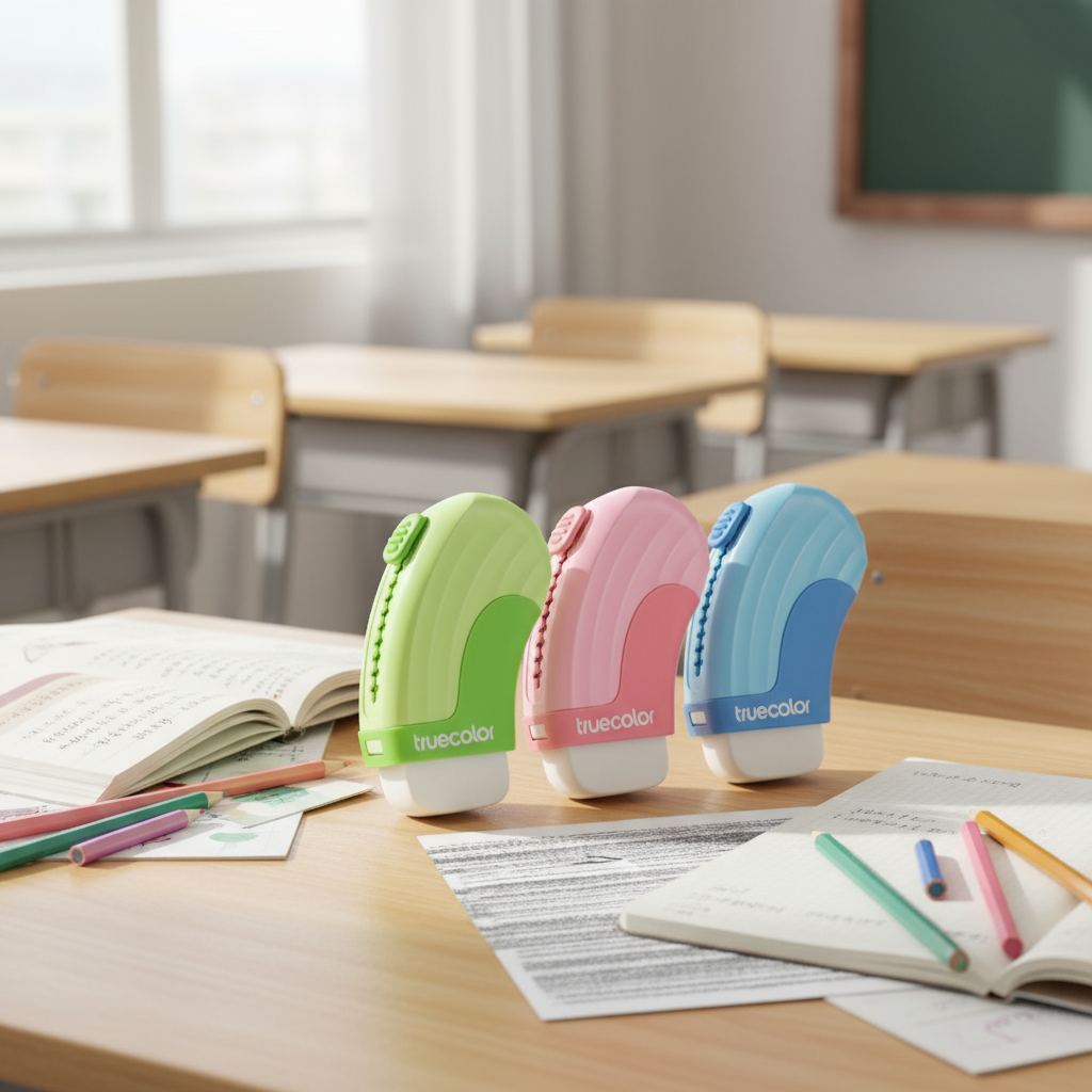 Three colored erasers on classroom desk
