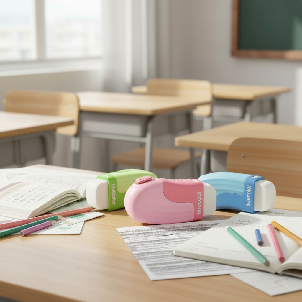 Three erasers lying flat on classroom desk