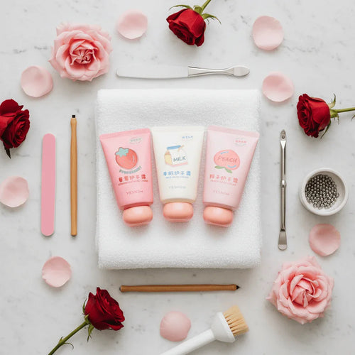 Fruit Fragrance Milky Hand Cream collection with floral accents and beauty tools on a soft towel.