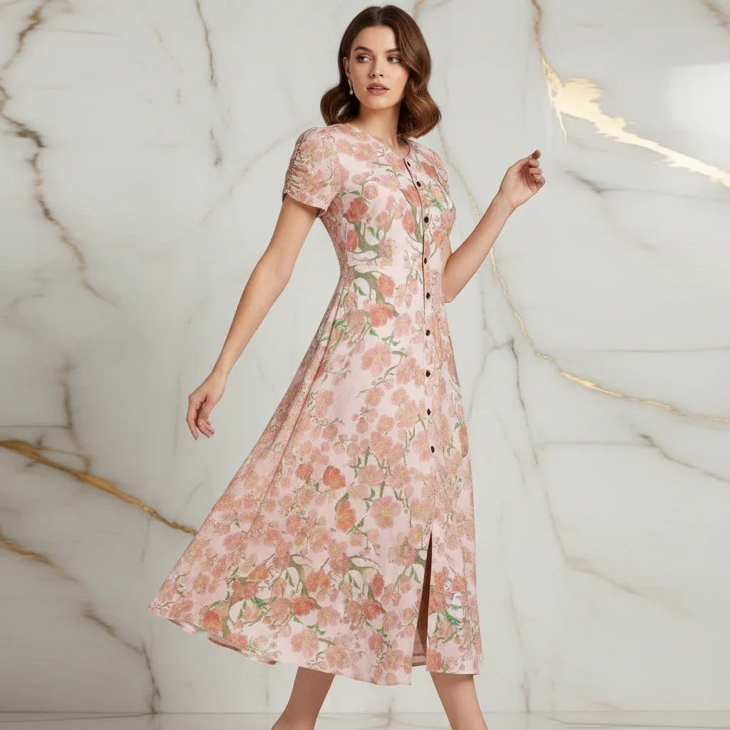 Woman in a floral pink maxi dress posing in a marble modern setting, Ivorynn fashion