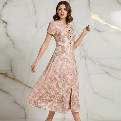 Woman in a floral pink maxi dress posing in a marble modern setting, Ivorynn fashion