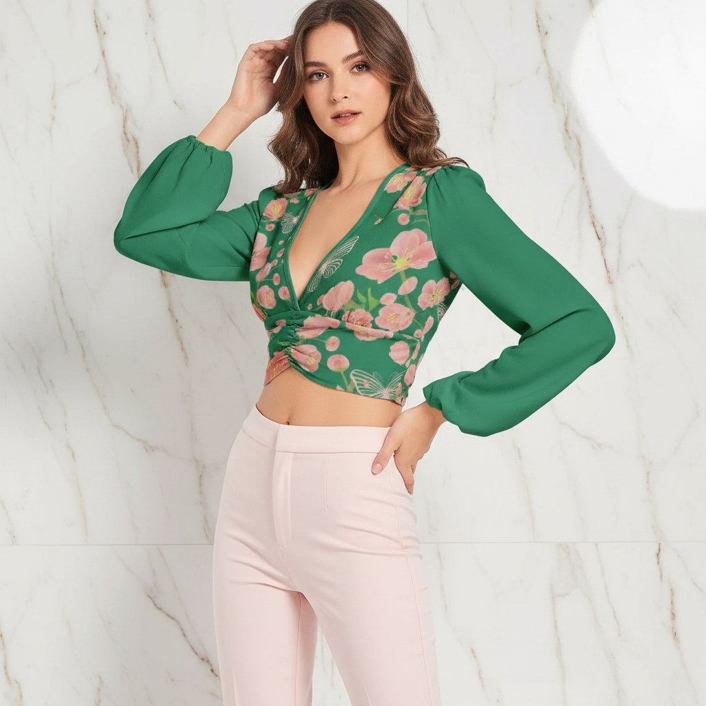 Three-quarter angle styled with light pink pants