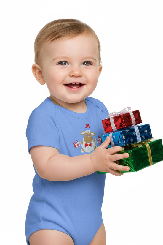 Three-quarter angle view of baby in blue onesie