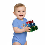 Three-quarter angle view of baby in blue onesie