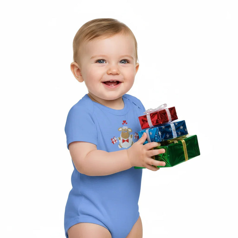 Three-quarter angle view of baby in blue onesie