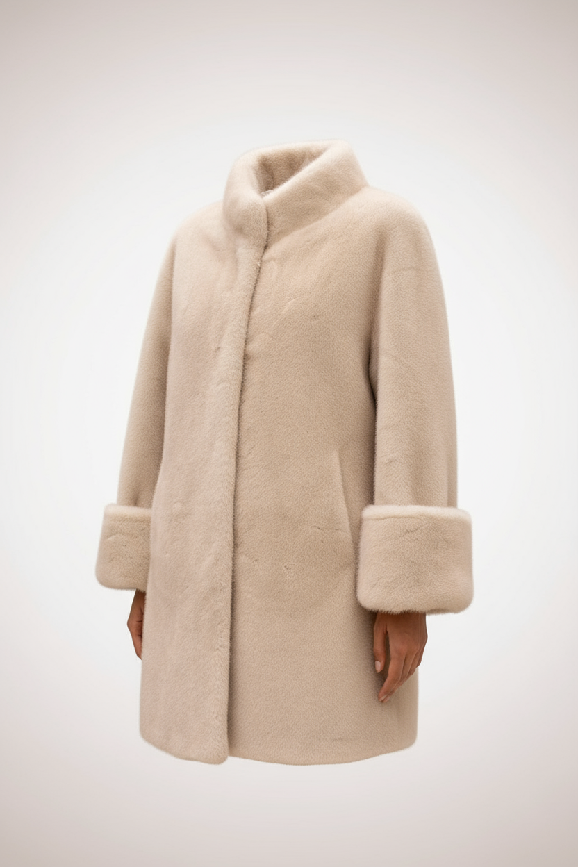 Three-quarter angle view of cream faux fur jacket on light background
