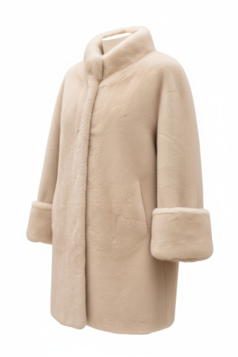 Three-quarter angle view of cream faux fur jacket