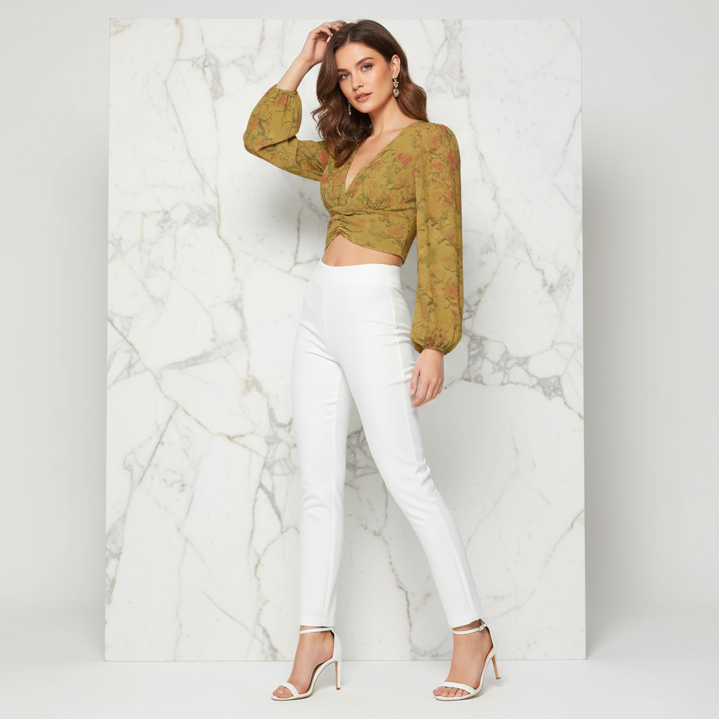 Three-quarter angle with different model in white pants