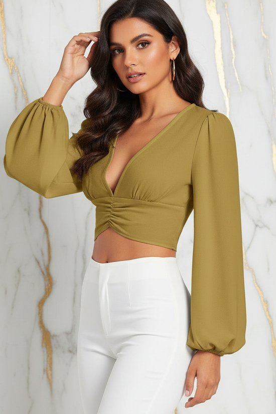 Three-quarter angle with different model in white pants