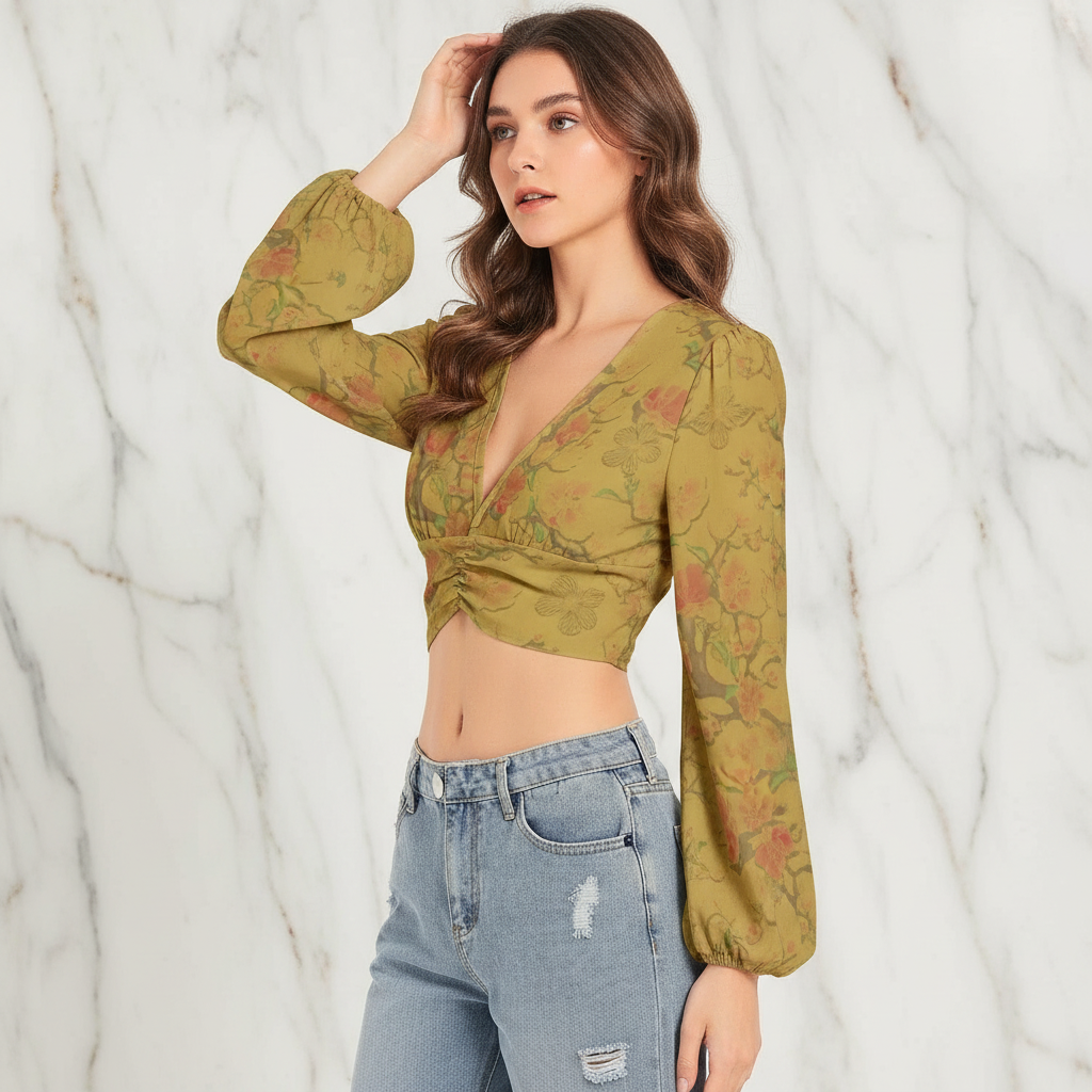 Three-quarter angle with hand touching hair