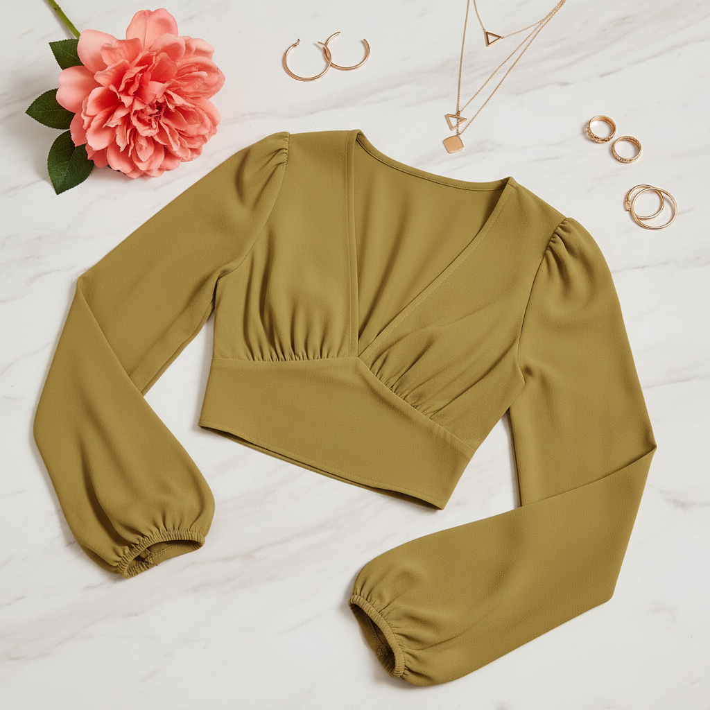 Three-quarter angle with modern geometric jewelry and coral flower