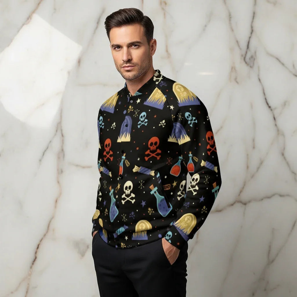 Man wearing a black graphic sweater with colorful skulls and potions, modern marble wall backdrop, Ivorynn fashion