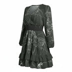 Women’s black long sleeve dress with white abstract line pattern and ruffled hem, Ivorynn fashion